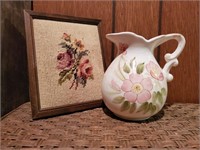 Decorative pitcher, floral bouquet needlepoint