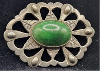 Taxco .980 Silver & Green Stone C-Clasp Brooch