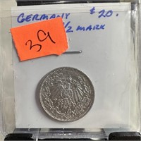 1915 GERMANY 1/2 MARK SILVER