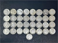 Thirty-three Pre-1964 Roosevelt Dimes