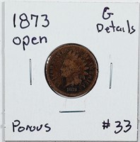 1873 Open  Indian Head Cent   G-details  porous