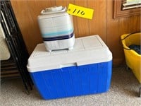Blue coleman cooler and water bag