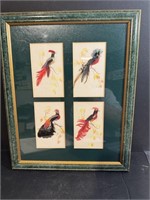 Framed Vintage painted and feathered bird art