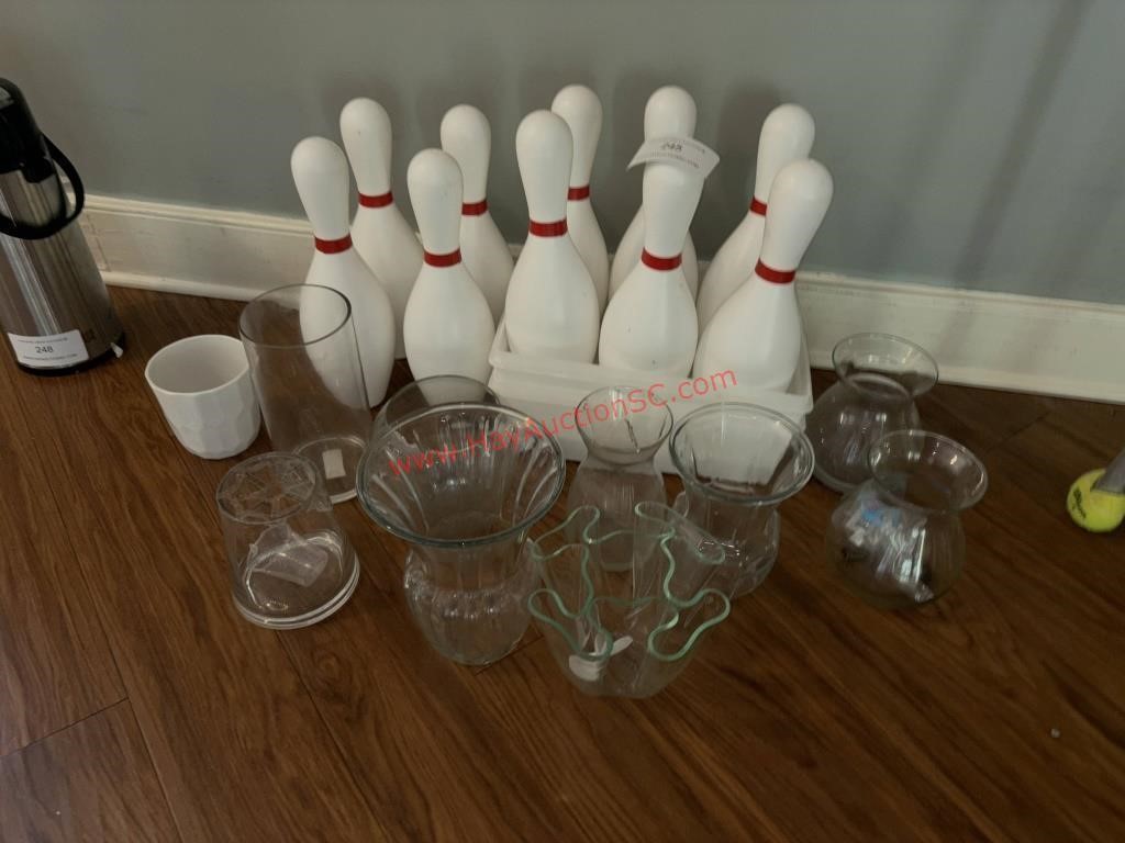 LOT - BOWLING PINS & FLOWER VASES