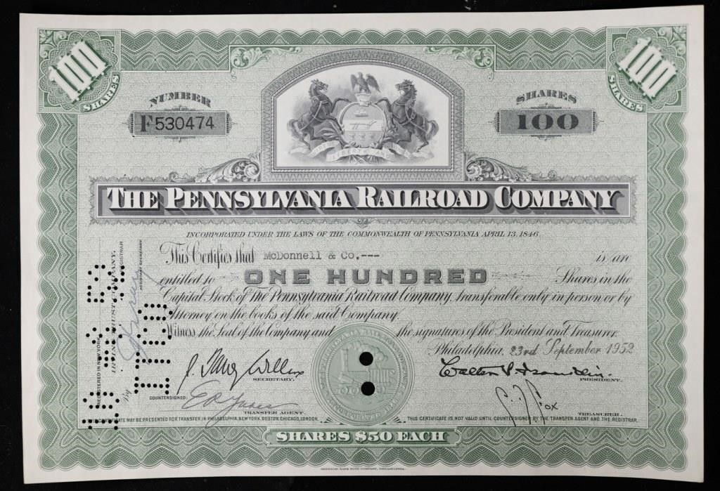 Sept. 23, 1952 Stock Certificate 'The Pennsylvania