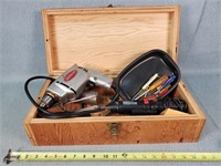 Electric Drill, Screw Drivers, & Wood Box