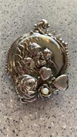 Large Metal Brooch Roses, Cherubs 2 Heart Lockets