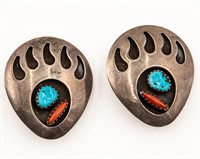 Navajo Turquoise Coral Bear Paw Earrings