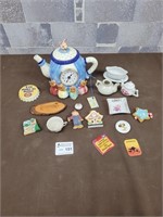 Tea pot clock, fridge magnets, mini tea pots