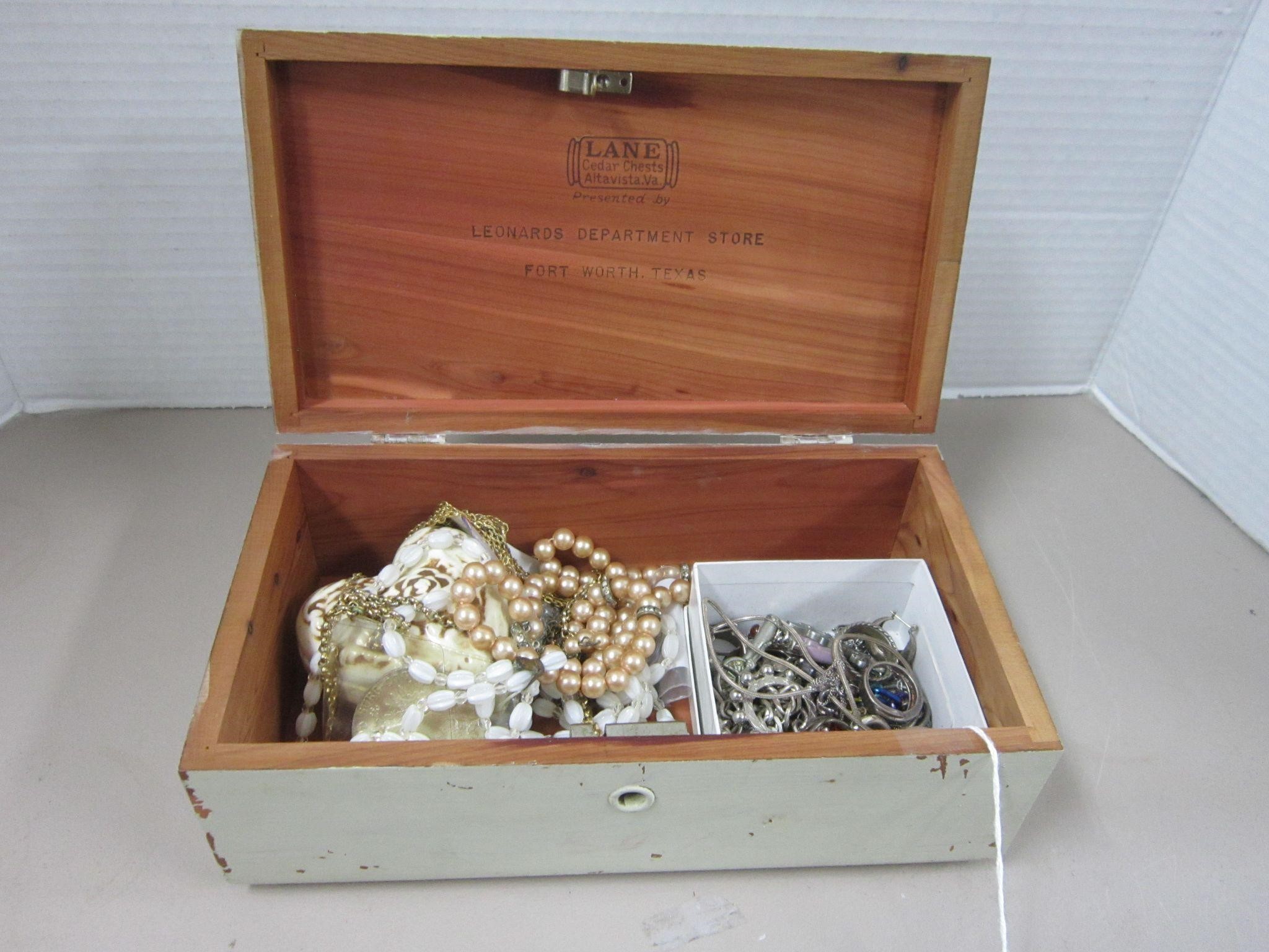 CEDAR BOX WITH COSTUME JEWELRY AND OTHER