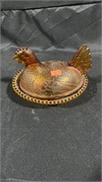 Gold Amber Glass Hen on a nest Container