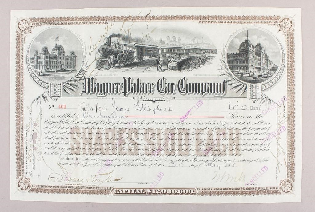 1888 Wagner Palace Car Company Stock Certificate