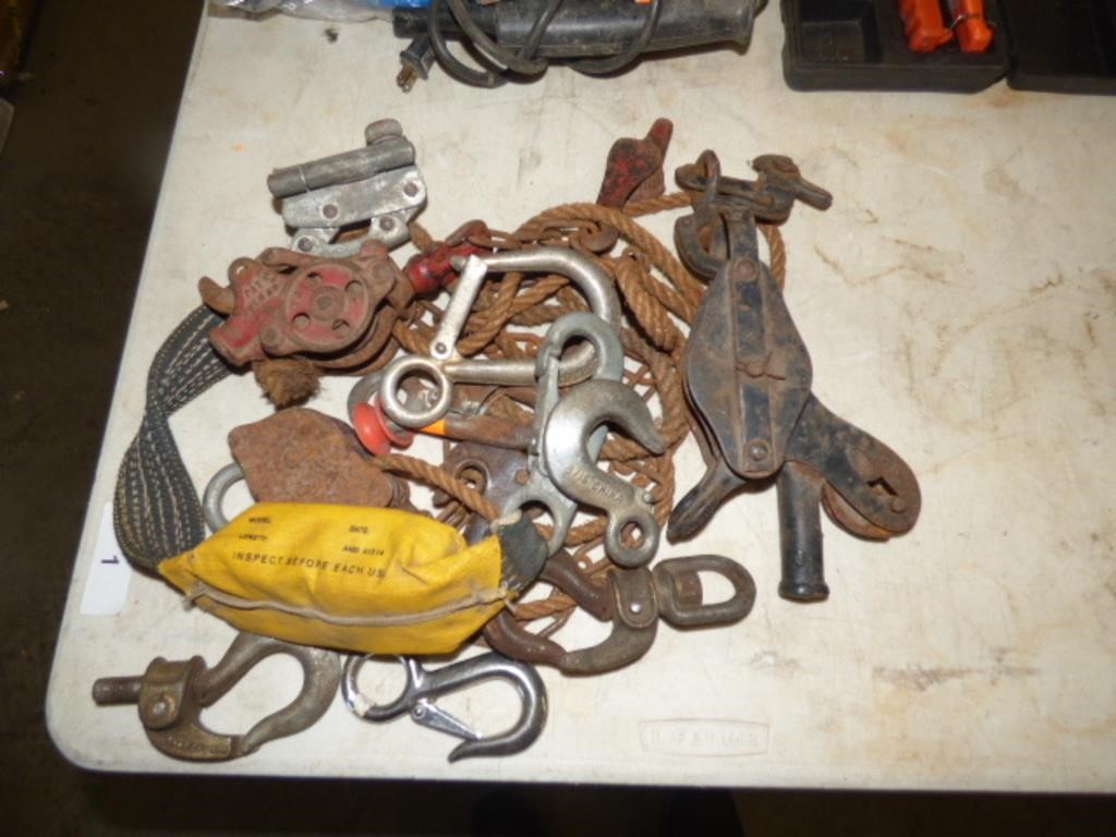 OLD FENCE STRETCHERS & ASSORTED CHAIN HOOKS