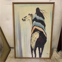Large Painting Native American Riding Horse Signed