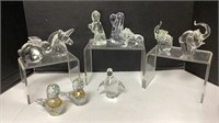 (10) clear glass paper weights- unicorn, dogs,