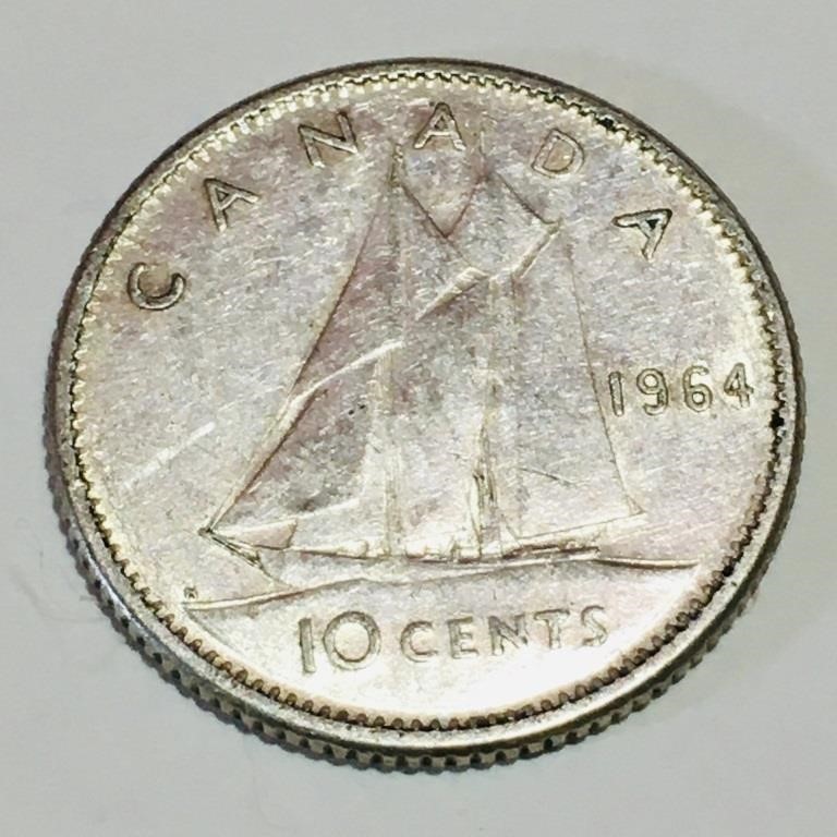 Silver 1964 Canada 10 Cent Coin