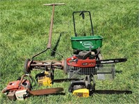 Group of Chainsaws, Live Trap, Spreader, Mower
