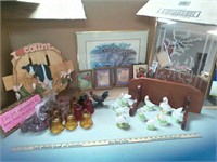 Wooden shelf, votives, goose collection, deer