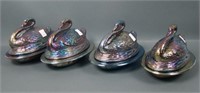 Lot of Four Blue Sowerby Swan Covered Candy Dishes
