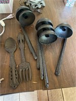 metal ladle candle holders, cast iron fork & spoon