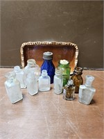 POTTERY DISH WITH 10 VINTAGE MINITURE BOTTLES