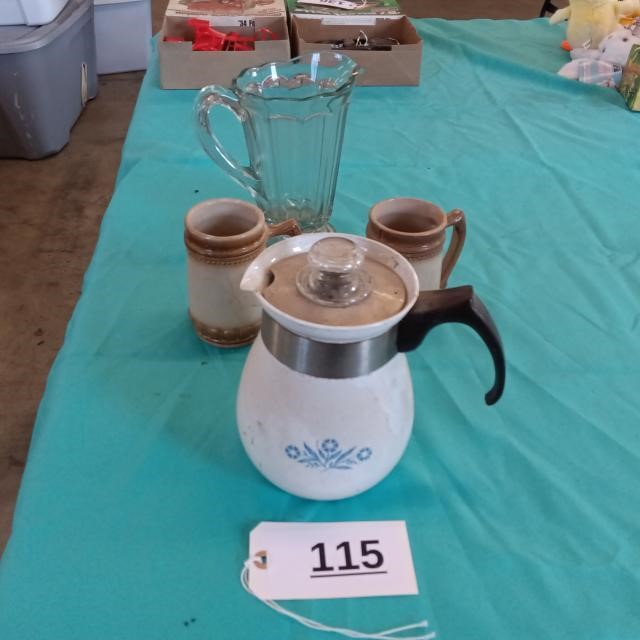 Glass Pitcher, Corning Ware Pot, Mugs