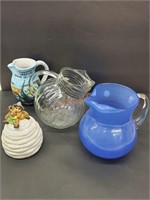 Blown Glass & Ceramic Pitchers with Honey Bee Pot