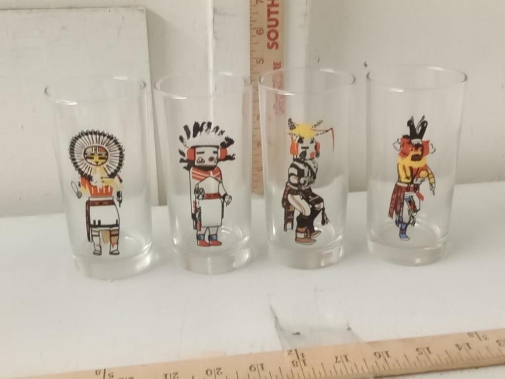 4 vtg Libbey Hopi Kachina tumblers