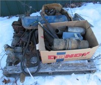 Pallet of parts including shut off, rope, gears,