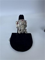 Lg Sterling Elephant Ring with Rubies & Kunzite