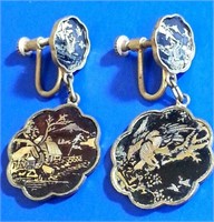 VINTAGE JAPANESE MOUNT FUJI BIRD MOTIF EARRINGS