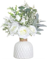 FOTEEWL Silk Roses & Eucalyptus in Vase, White