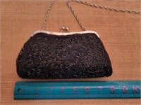 1960 Black Beaded Evening Bag with 23 Inch Chain