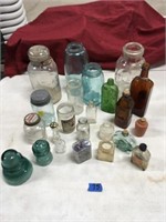 vintage bottles, jars, blue elec conducters
