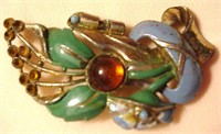 Gorgeous Old Enamel Brooch Pin with Jewels