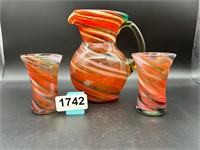 Mexical Art Glass Swirl Picher w/2 cups