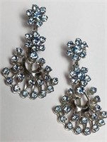 VINTAGE BLUE RHINESTONE FLOWER MOTIF SILVER TONE