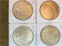 4 Silver Dollars - 1921 Morgan; Peace - 1923,
