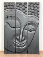 (3pc) Ebonized Carved Wood Buddhist Wall Panels