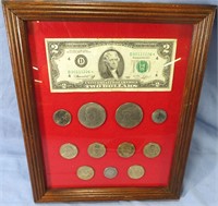 FRAMED U.S. CURRENCY W/ GOLD PRESIDENTIAL COINS
