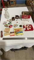 Various magnets, Campbells tin box with recipes,