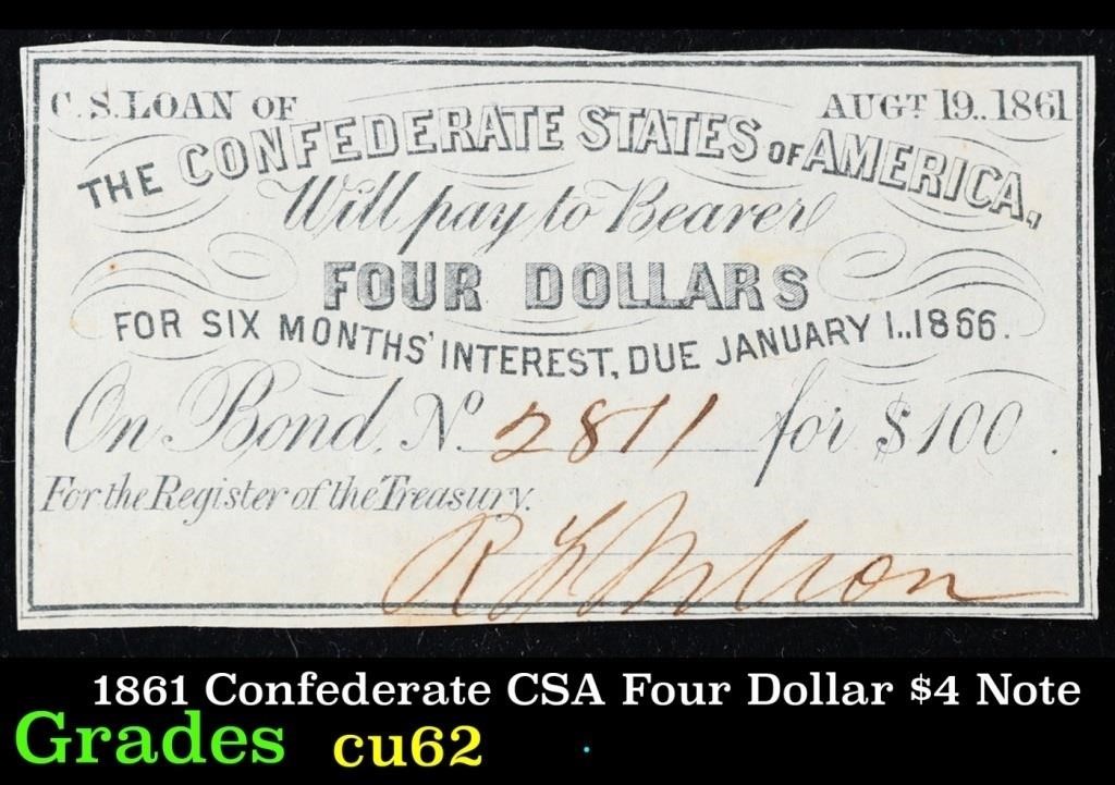 1861 Confederate CSA Four Dollar $5 Note Grades Se