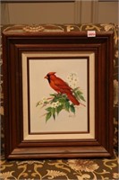 framed painting of a cardinal signed 'kelly'