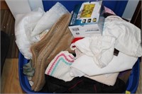 TOTE OF MISC. HOUSEHOLD ITEMS OVER SIZED PILLOW,