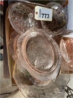 Box of pink depression glass pieces