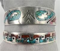 Vintage Turquoise & Coral Silver Cuff Bracelets