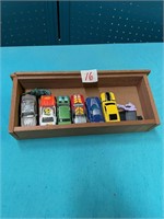 Wooden Drawer and 6 metal cars