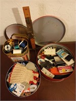 3 tins of asst sewing notions, skirt marker