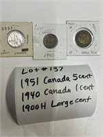 Lot#137) 3x- 1951, 1940, & 1900H Large cent 5 Cans