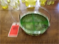 Vaseline Glass Relish Tray w/Handled Basket